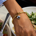 J&D Trendy Two Tone Heart Pendant Bracelet for Women 18K Gold Plated Horseshoe Clasp Shiny Smooth Minimalist Fine Jewelry