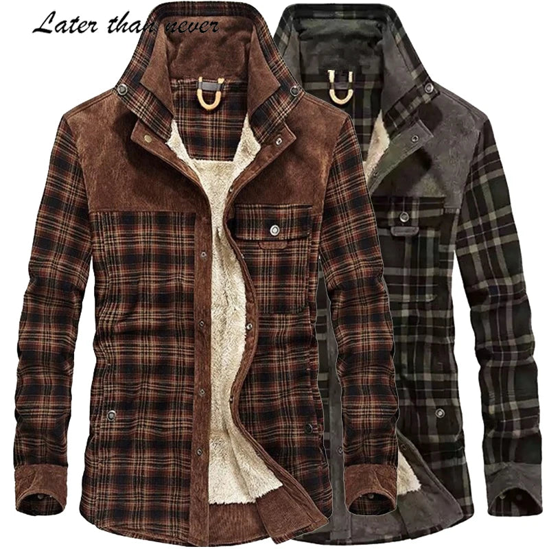 USA Size Man Clothes Full Cotton Winter Flannel Jacket Patchwork Windproof Fur Lined Shirt Jacket Pocked Man Safari Jacket Ropa