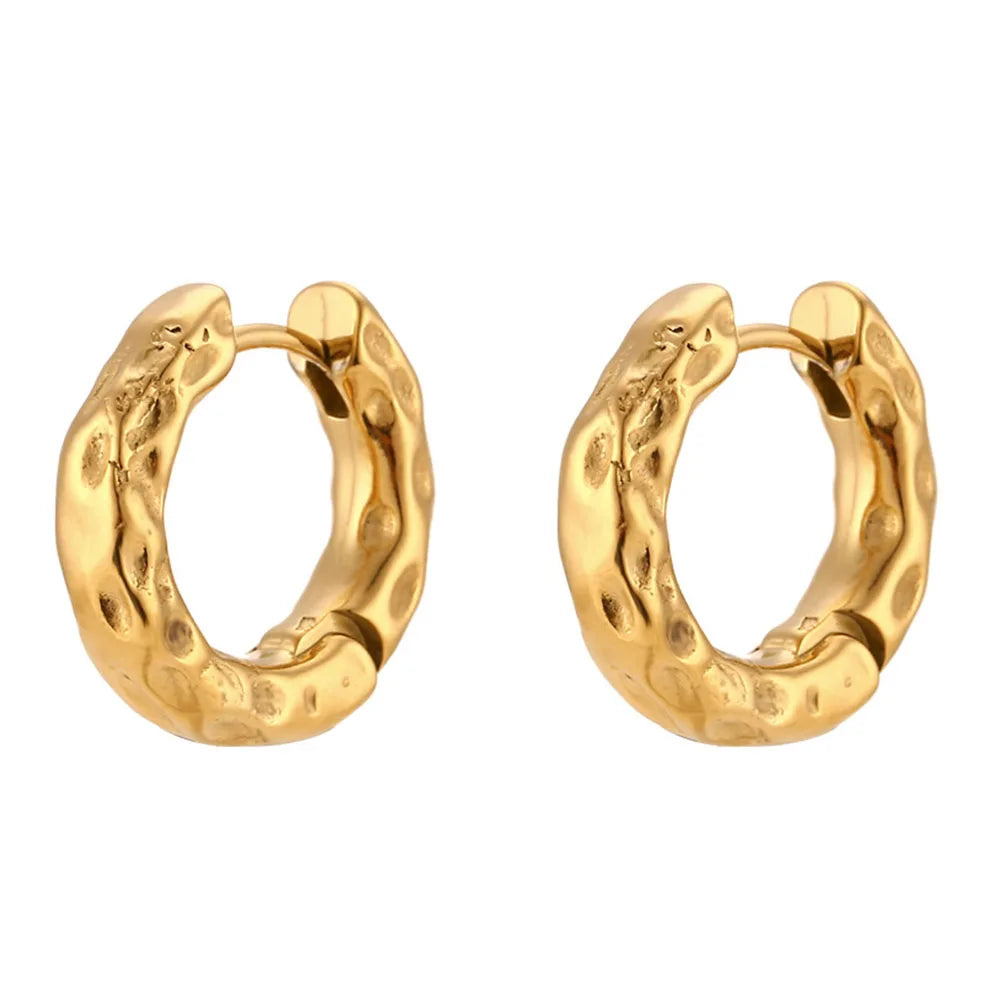 Waterproof Hammered Huggie Hoop Earrings Prevent Allergy Circle Earrings PVD Gold Plated Stainless Steel Jewelry