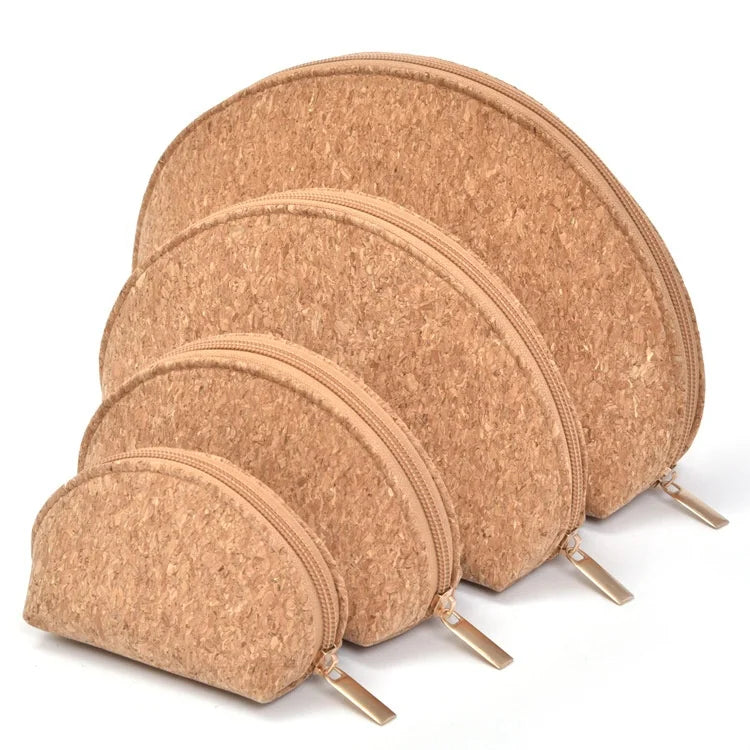 Custom Vintage Cosmetic for Toiletry Bags Set Natural Moon Shape Cork Wooden Pattern Logo Printed Makeup Maquillage Zipper Pouch