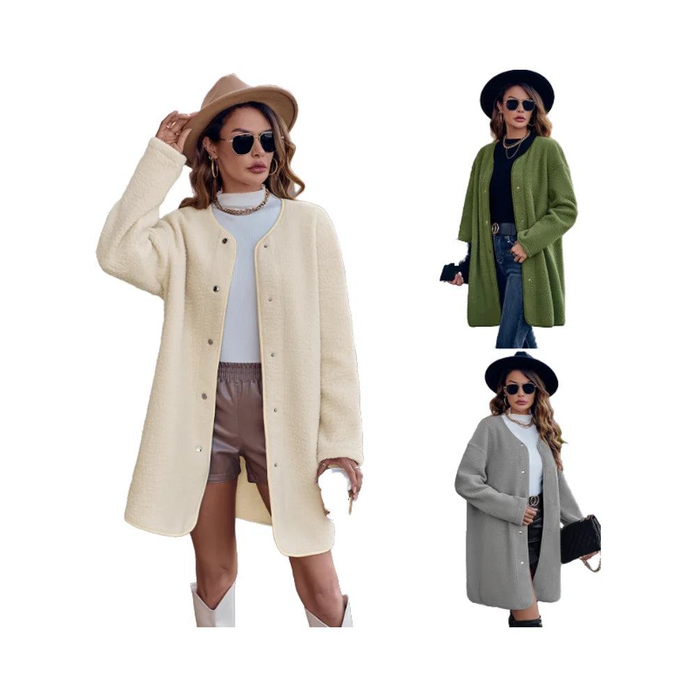Fashionable Women's Loose Lamb Trench Coat Solid Faux Fur Long Overcoat with Button Decoration Waterproof Casual Winter Jacket