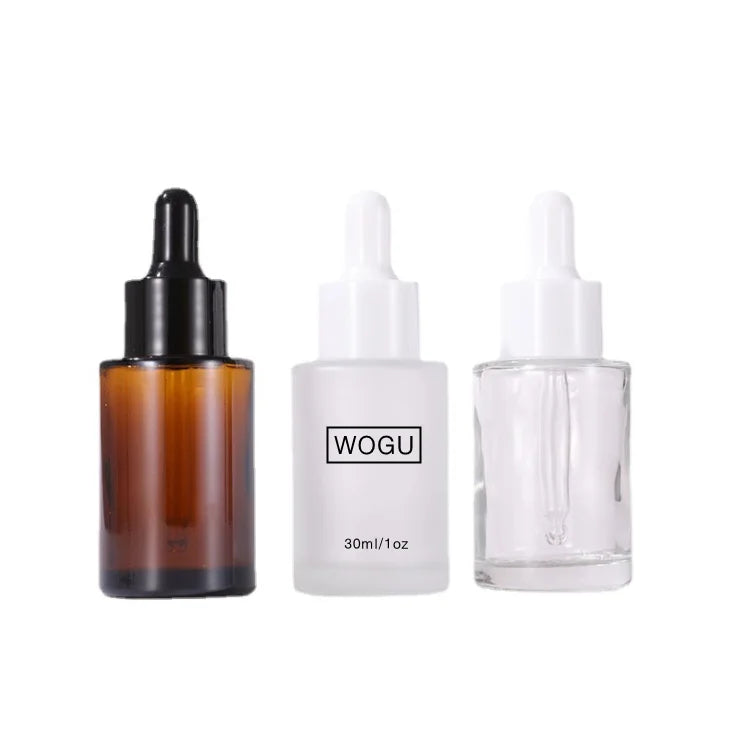 New Fancy clear Frosted Serum Essential Oil Packaging 1 oz 30 ml Flat Shoulder Cylinder Glass Dropper Bottle