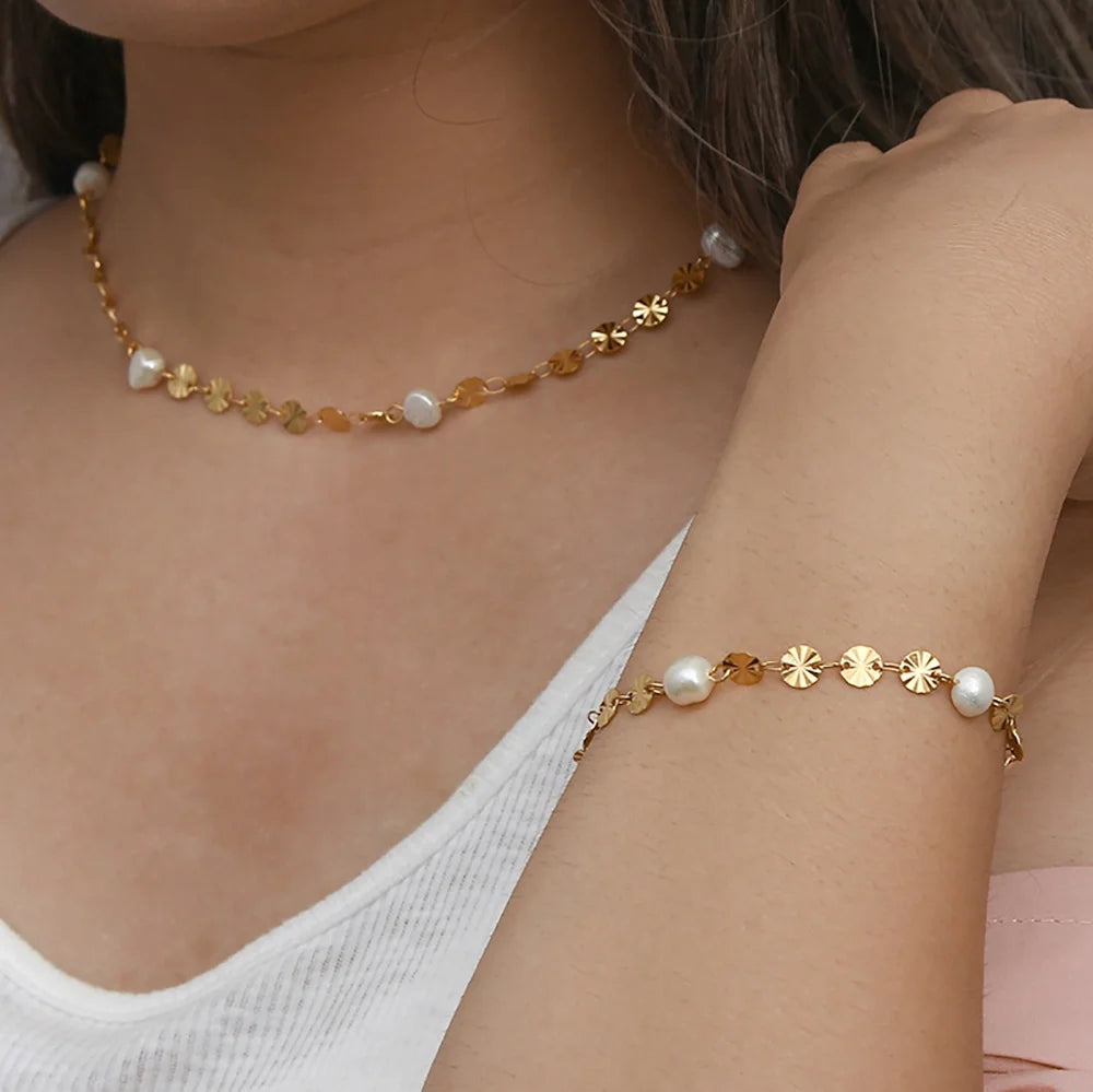 Drop Ship Fresh Water Pearl Snowflake Chain Necklace 18K Gold Plated Stainless Steel Choker Necklace & Bracelet Set