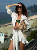 STOCK 3Colors Plain Women's Shirt Dress Buttons Down Long Sleeve Beach Mini Dress Cotton Sarong Cover up S-L