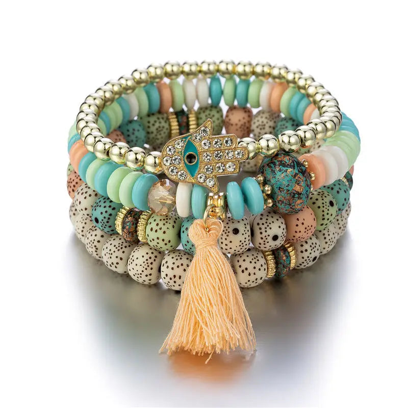 Boho Chic Women's Multilayered Fatima Hand Eye Beaded for Bracelet New Fashion with Gold and Rhodium Plating