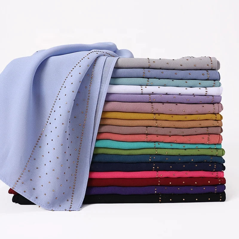 New 2021 Spring Summer Bubble Chiffon Muslim Hijab Scarf Women Plain Turban Shawl Colorful Rhinestone Long Turkish Head Scarf