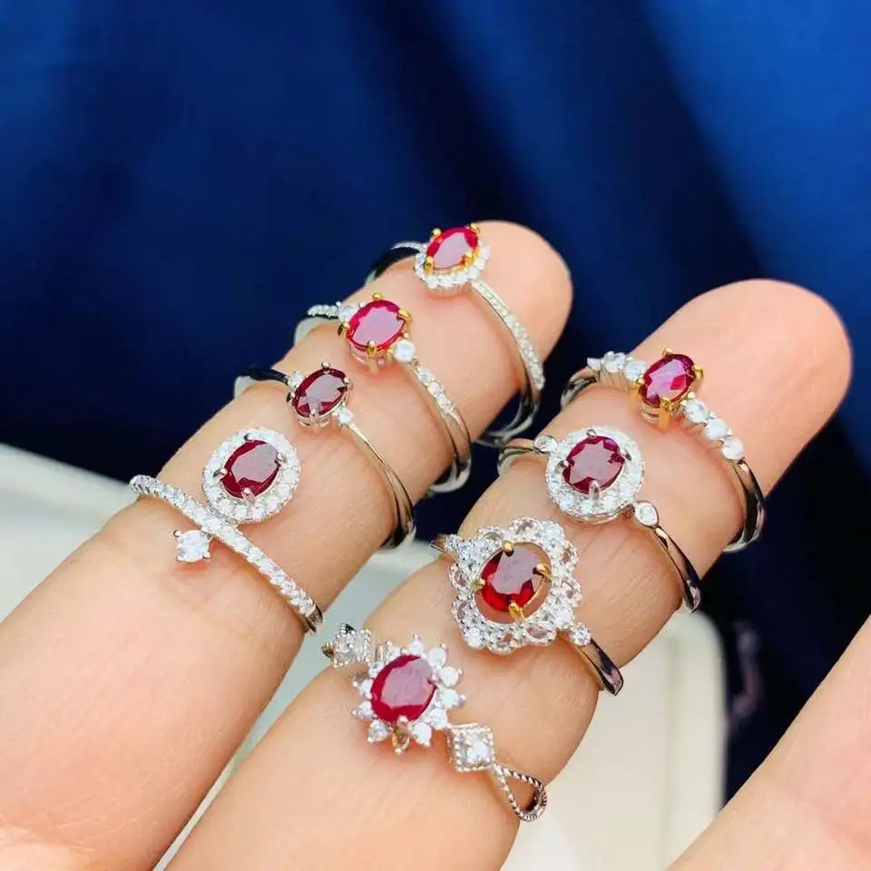 SC Fine S925 Sterling Silver Gemstone Engagement Wedding Rings Jewelry Retro Natural Oval Pigeon Blood Ruby Rings for Women
