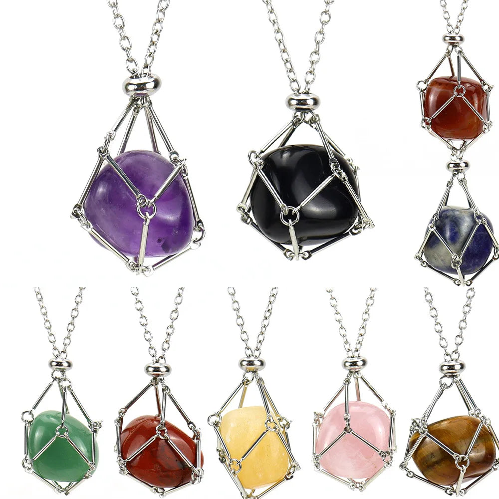Handmade Crystal Holder Stainless Steel Macrame Pendant Necklace Adjustable Stone Cage Necklace for Women