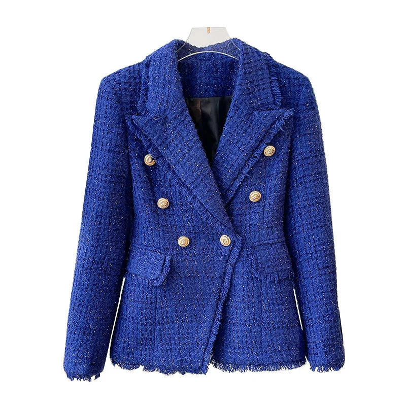 2025 Spring Fashion Women's Double-Breasted Woolen Blazer Small Fragrant Western Design Fried Street Style Top Woven Small Suit