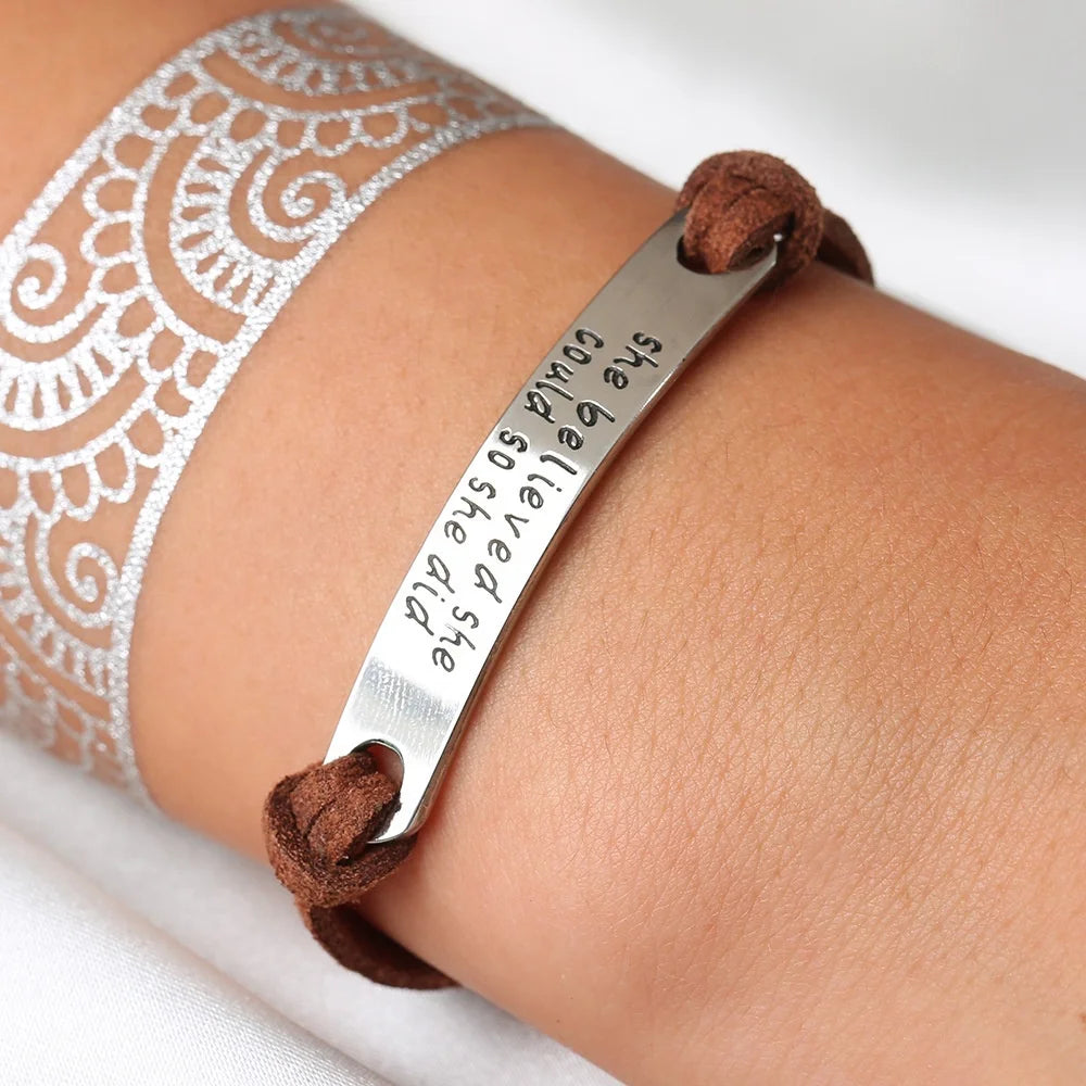 Leather Rope Engraved English Word She Believed She Could so She Did Braided Bracelets Friendship Sister Inspirational Bracelet