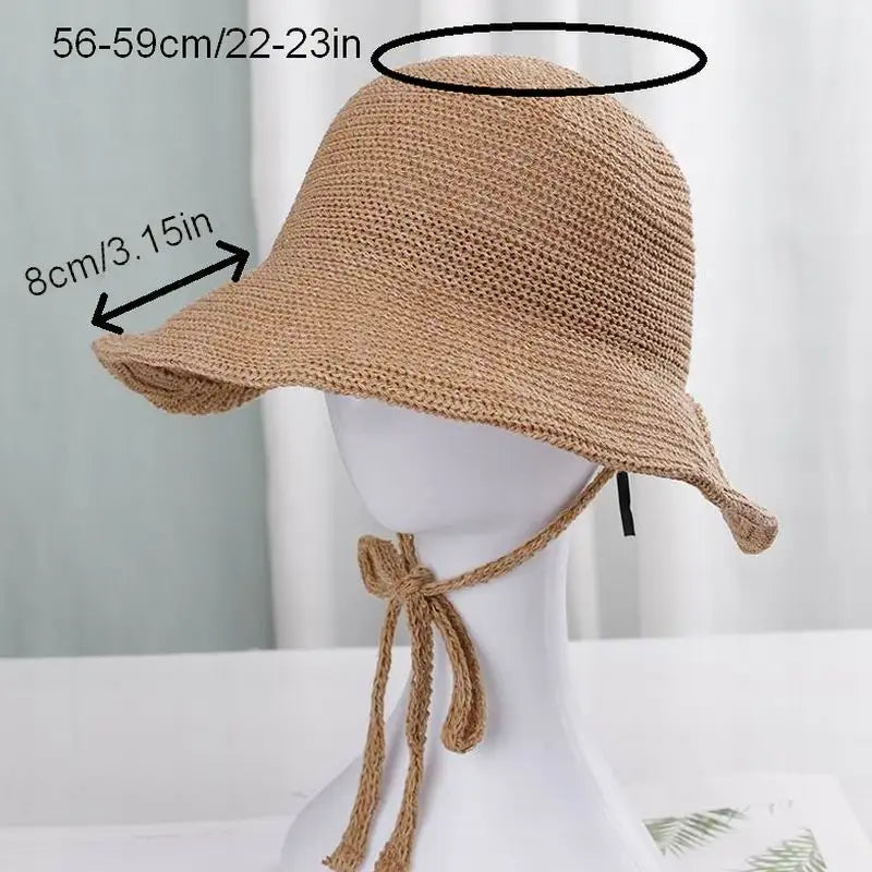 Japan Korea Women's Summer Beach Straw Hat Foldable Travel UPF 50+ Protection Wide Brim Bucket Hat