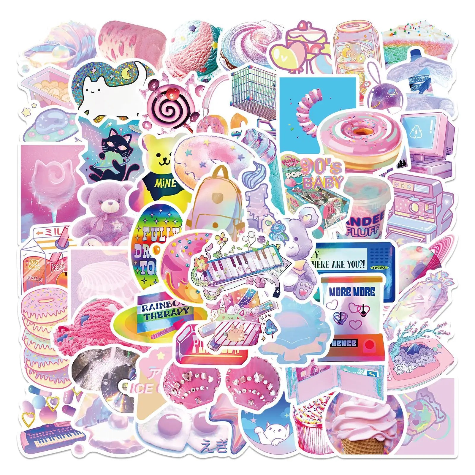 60Pcs Kawaii Laser Style VSCO Girl Snacks Dessert Decorative Stickers for Kid Wall Car Waterproof Korean Style Sticker