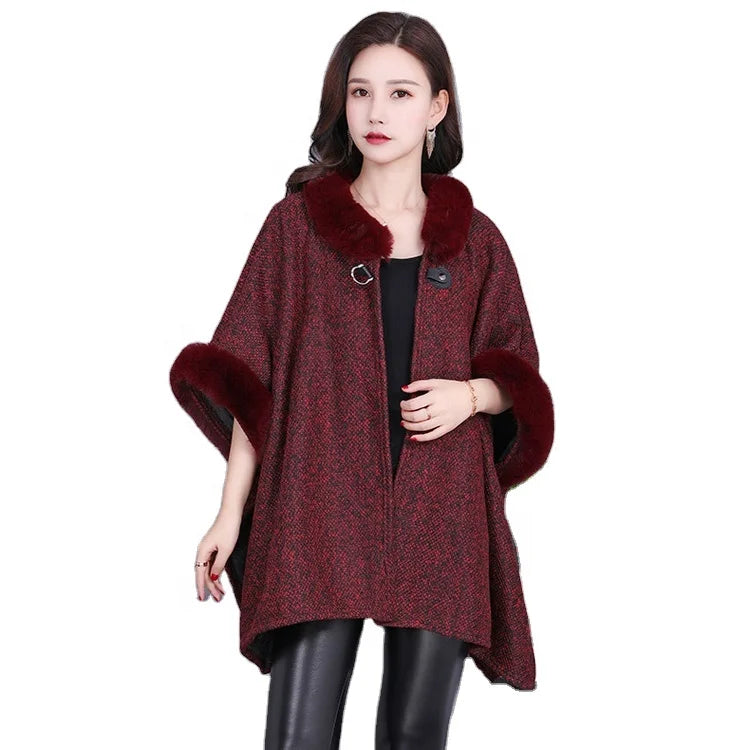 MIO New Ladies Winter Acrylic Faux Rex Rabbit Fur Edge Wool Cardigan Cape