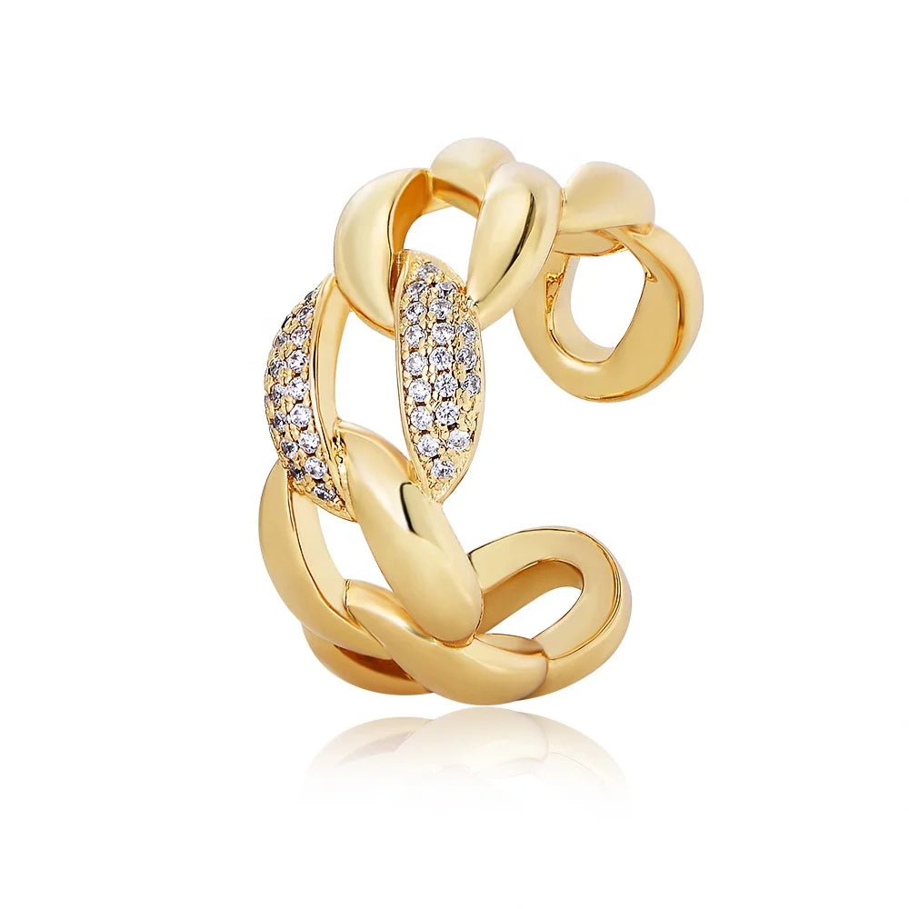 Personality Geometry Cuban Curb Link Brass Ring 18k Gold Plated Adjustable Opening Hollow Twist Chain Zircon Finger Ring