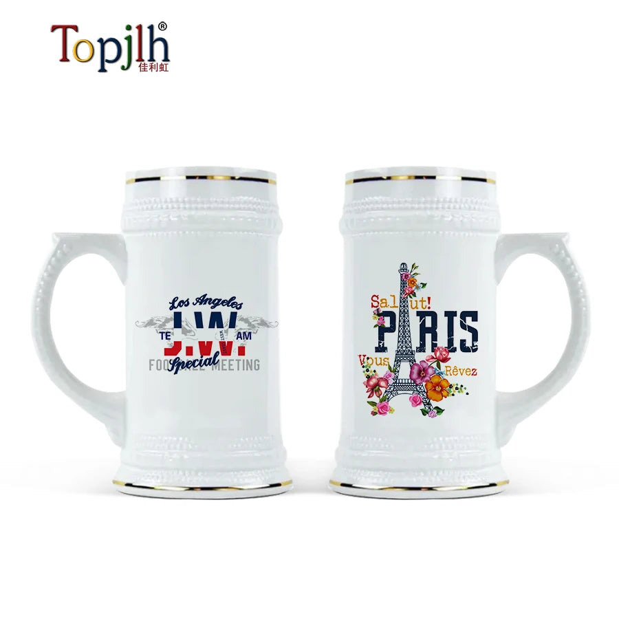 Topjlh 22oz Thick Ceramic Stein Gold Trimmed Handle Sublimation Ready Beer Mug Custom Logo for Wedding Promotional