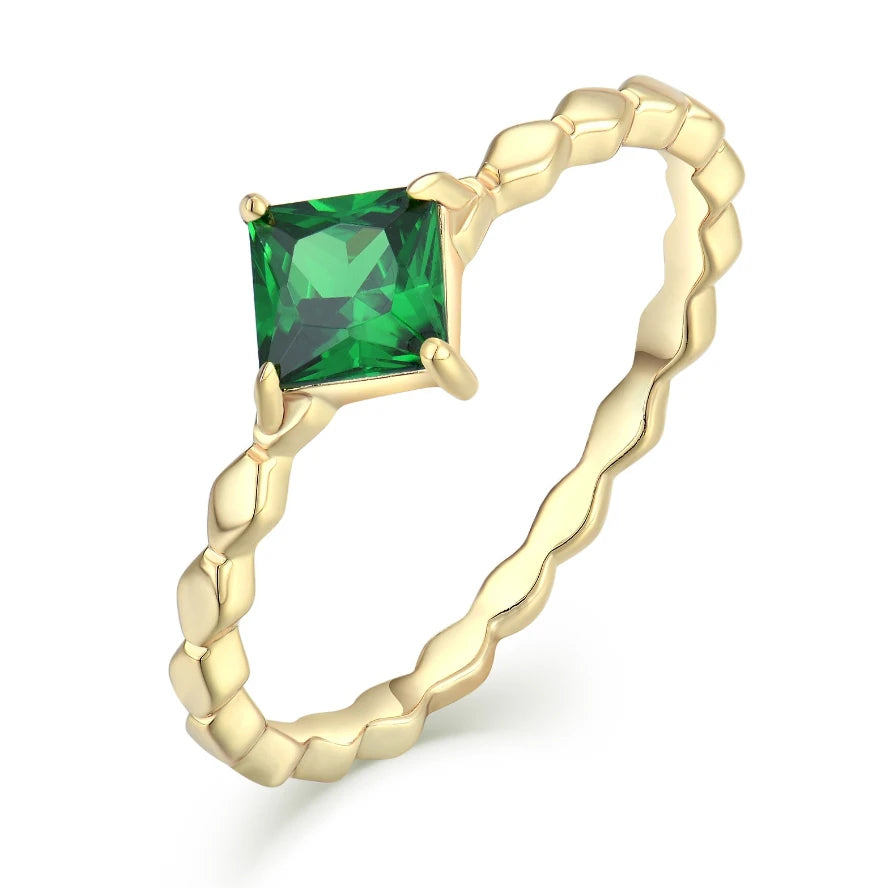 YILUN 14K Gold Plated Emerald Green CZ Ring 925 Sterling Silver Dainty Engagement Monolithic Rings for Women