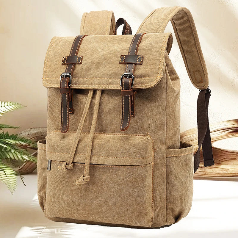 Custom Men's Waxed Canvas Travel Backpack Portable Laptop Schoolbag Leather Trim Polyester Lining Fashionable Drawstring Closure