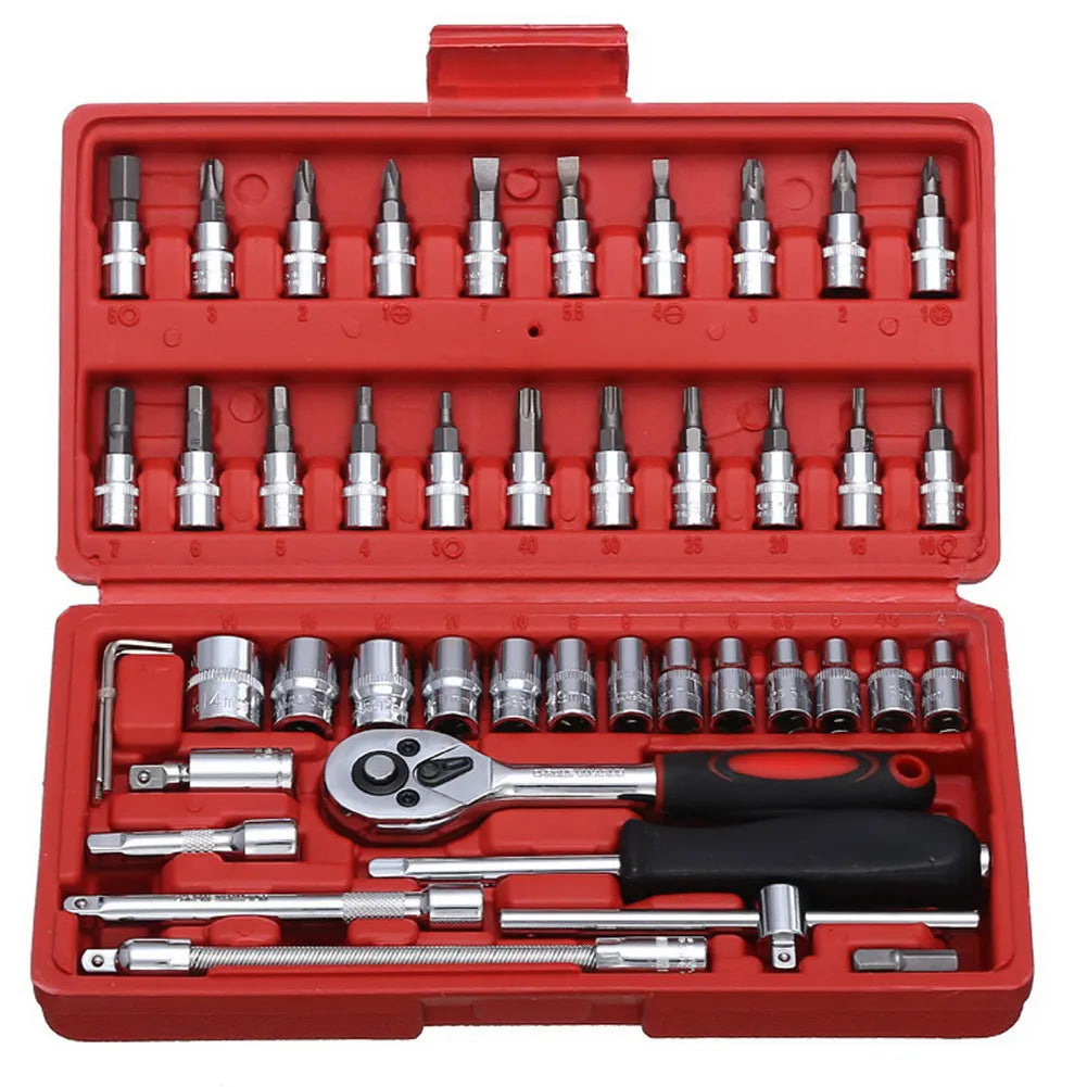 High-Carbon Steel 46pcs/Set Combination Wrench Socket Spanner Screwdriver Kit Case for Household Motorcycle Car Repairing Tool