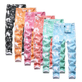 RNSHANGER Four Seasons Men Casual Jeans Coated Slim Straight Pleated Biker Jeans Pants Casual Camouflage Male Denim Pants