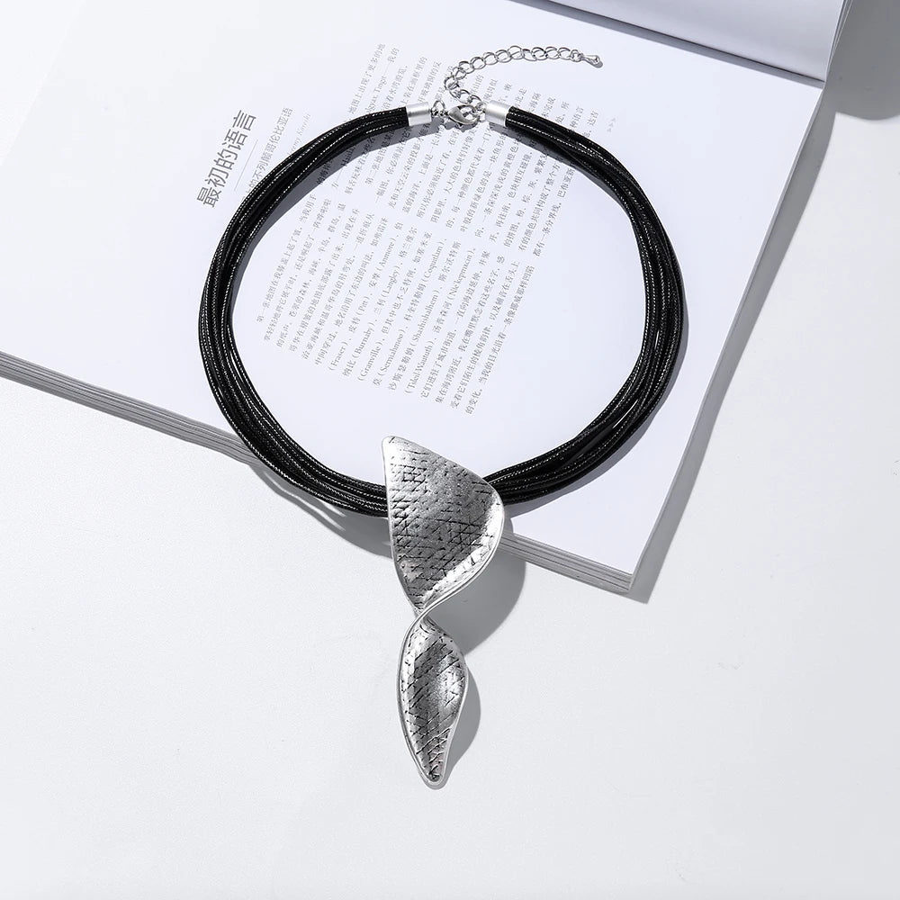 TongLing European Alloy Black Multi Layer Rope String Layered Silver Irregular Geometric Choker Necklace for Daily Life