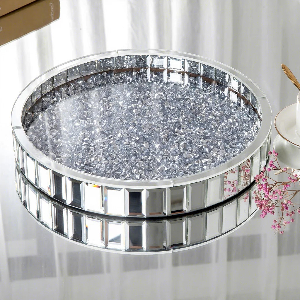 Multi-Purpose Round Mirror Tray with Crystal Accents