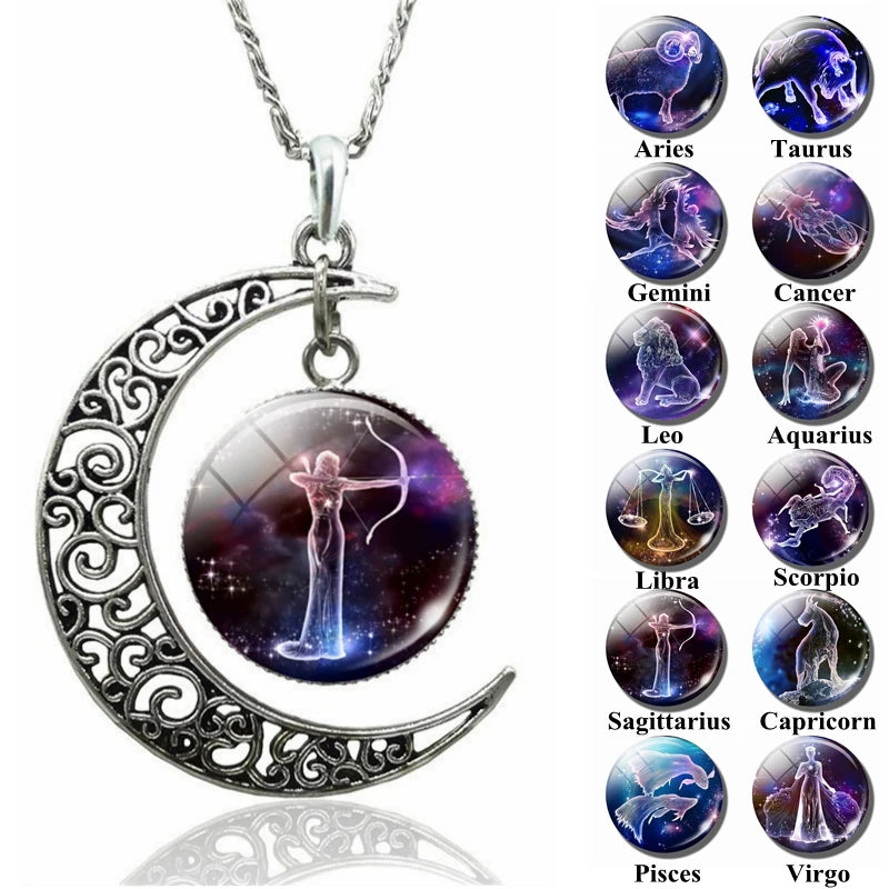 12 Zodiac Sign Necklace Zodiac Signs Cabochon Glass Crescent Moon Pendant Clavicle Chain Necklace Birthday Gifts for Women