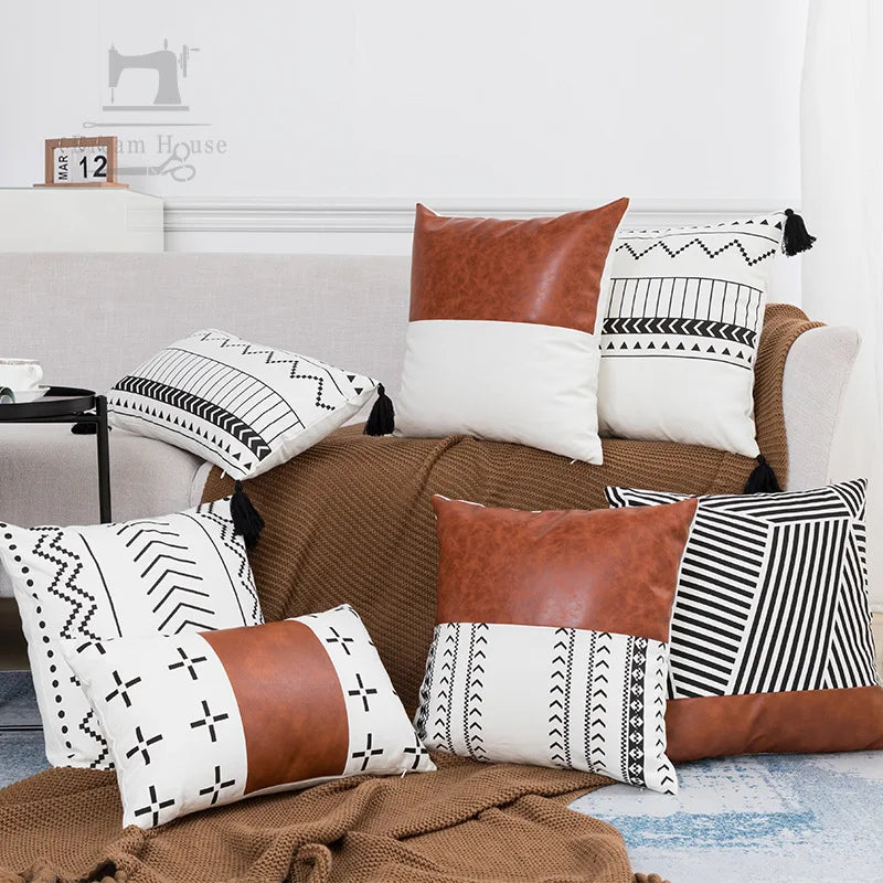 Hot Selling Hot Sells Decorative Boho Digital Printing Patch Work Pu Leather Throw Cushion Case Pillow Cover for Sofa