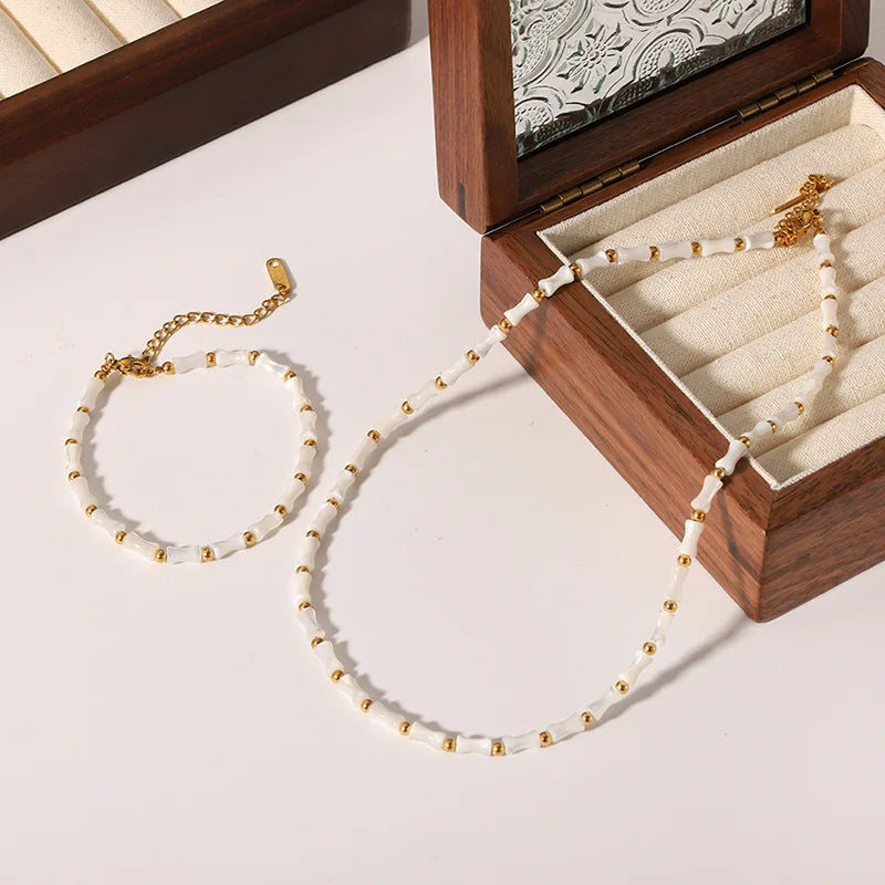 Aretas French Vintage Natural Shell Bamboo Collar Chain Women's Stainless Steel Waterproof Gold Plated Necklace
