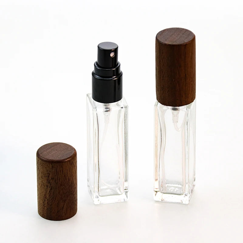 S-Moon New Design 10ml Round Crimp Perfume Bottles with Easy Crimpless Pump 15mm Neck Glass Packaging Wooden Cap