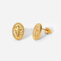 Fashion Women's Jewelry Carved Oval Shape Gold Plated Earring Stainless Steel Cross Stud Earrings for Girls
