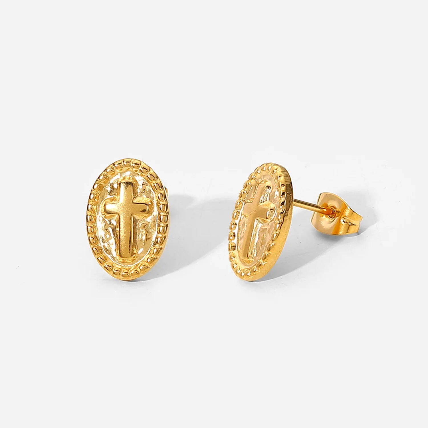 Fashion Women's Jewelry Carved Oval Shape Gold Plated Earring Stainless Steel Cross Stud Earrings for Girls
