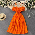 One Size One Shoulder Camisole Dress Summer Hollow Hook Flower Style Ruffle Edge Off Shoulder Waist Dress
