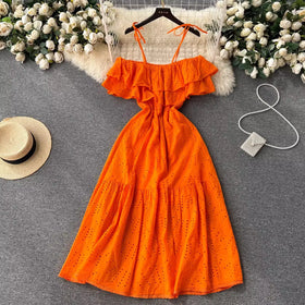One Size One Shoulder Camisole Dress Summer Hollow Hook Flower Style Ruffle Edge Off Shoulder Waist Dress