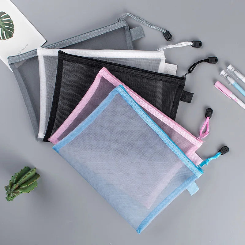 A4 Brief Creative Mesh Transparent Cute Square Oval Portable Pen Pencil Pouch Bag School Office Supply Stationery Student Case