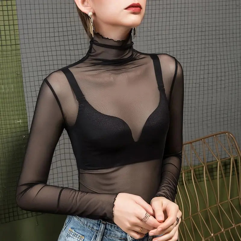 RNSHANGER High Neck Gauze Bottoming Shirt Women's Inner Ggauze Dress Large Pile Pile Collar Lace Shirt for Ladies