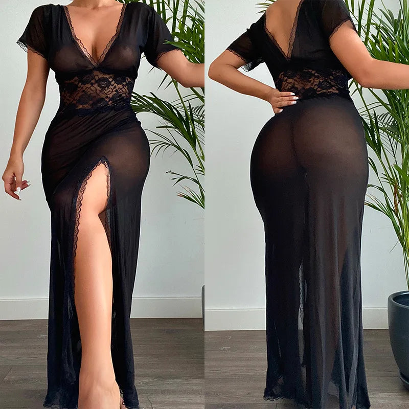 Wholesale Black Backless Women Sexy Lingerie Split Short Sleeve Long See Through Dress