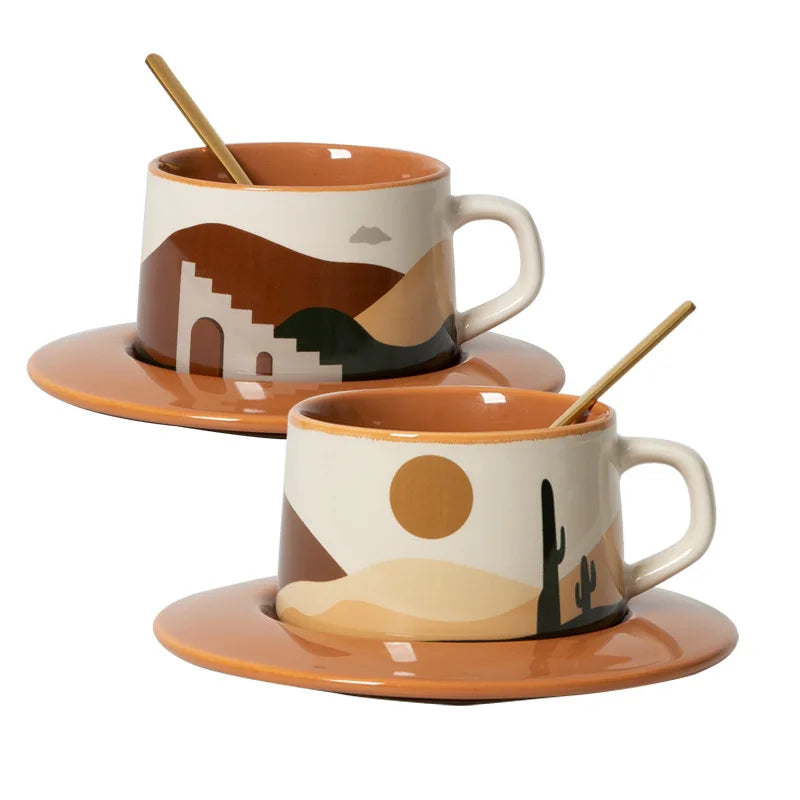 Ceramic Coffee Cup Saucer Set Retro Vintage Breakfast Milk Pull Mugs Ceramic Coffee Cup