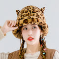 Winter Custom Cute  Ears Fisherman Hat Print Leopard Fur Plush Warm Basin Bucket Hat With Ears