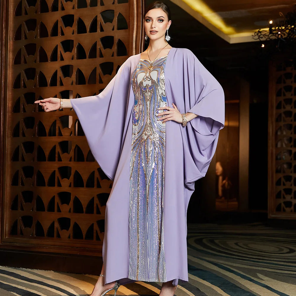2024 New Ramadan Party Purple Symphony Sequin Embroidered Cloak Bat Shirt Middle East Spot Abaya Robe for Muslims