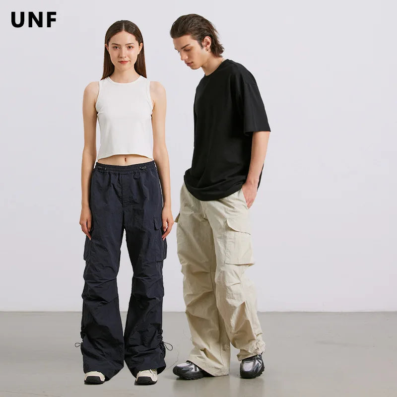 American Casual Paratrooper Overalls Men's Lace-up Draw Pleated Sport Quick Dry Straight Leg Slacks Summer Cargo Pocket Pants