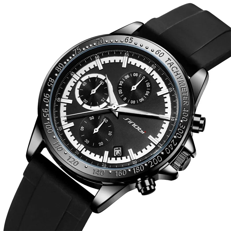 High Quality Men's Luxury Chronograph Sport Watch with Silicone Band and Glass Dial Business Style Waterproof Quartz Movement