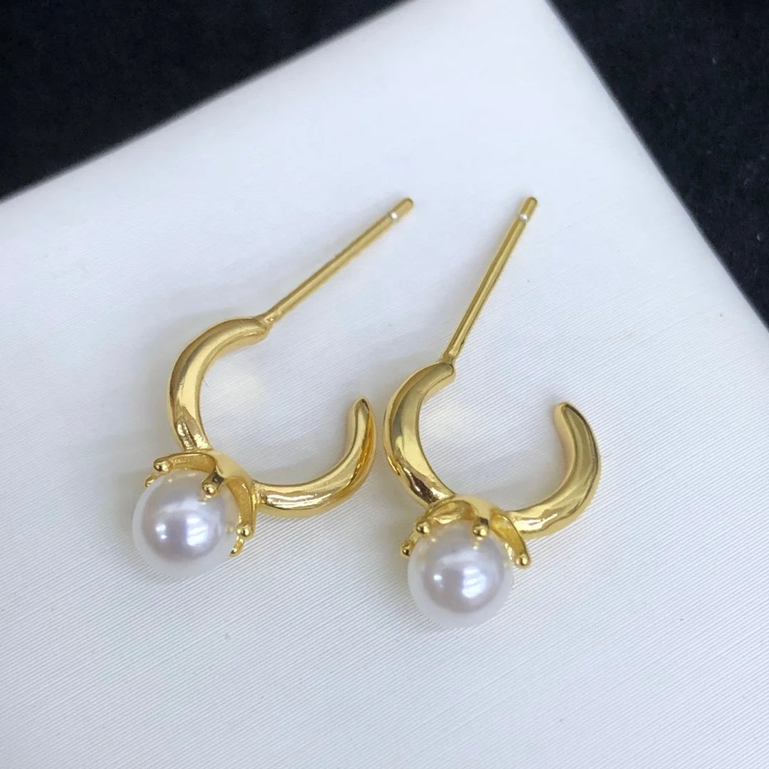 E1973 5-6mm DIY Natural Freshwater Pearl Charm Earrings Mounting Accessory 925 Sterling Silver Gold Plated  Jewelry for Women