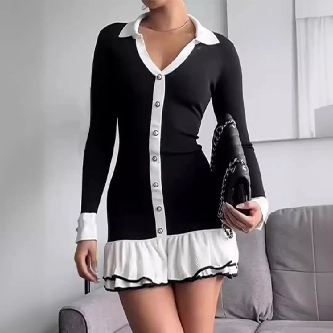 2024 Ruffled Bow Knit Bandage Dress Women's Fall Backless Contrast Cardigan Lace-Up Elegant Dress Female Knitwear Mini Dress