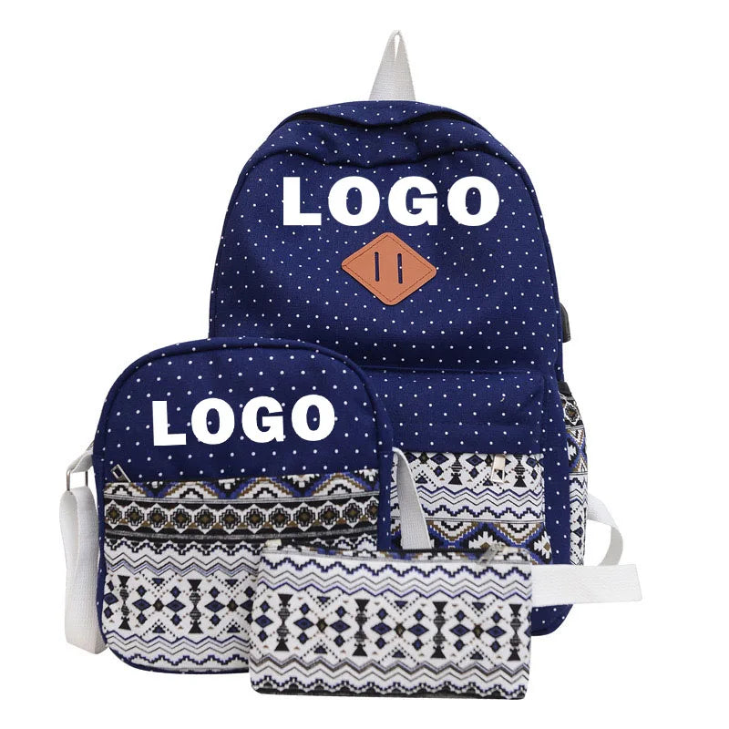 Sacs D Ecole a dos New Printed Ethnic Style Travel Large-Capacity Student School Bag Three-Piece Set Canvas Women's Backpack