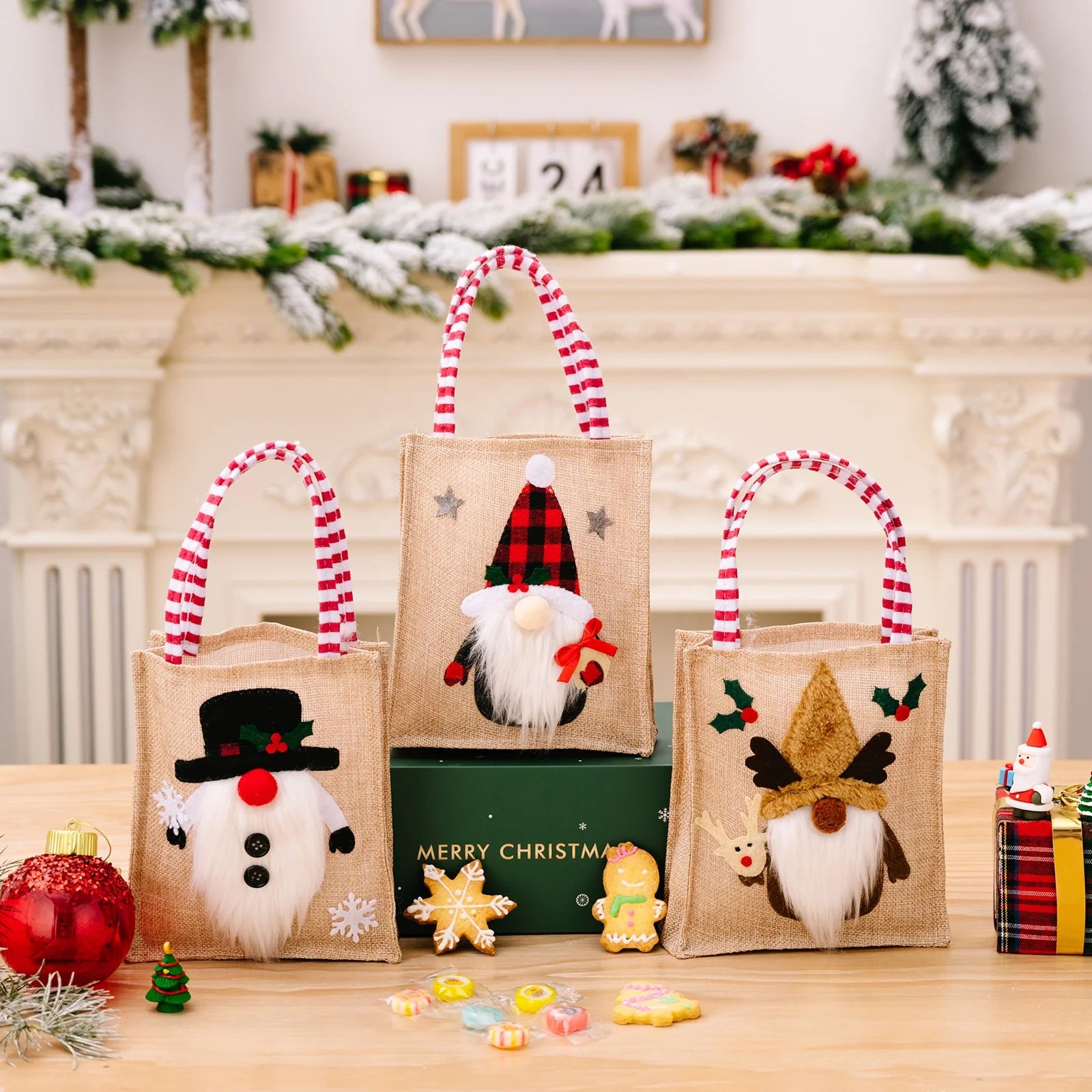 Cartoon 3D Printed Linen Fabric Handbag Christmas Gift Bag Christmas Candy Bag for Kids Christmas Decoration Ornaments