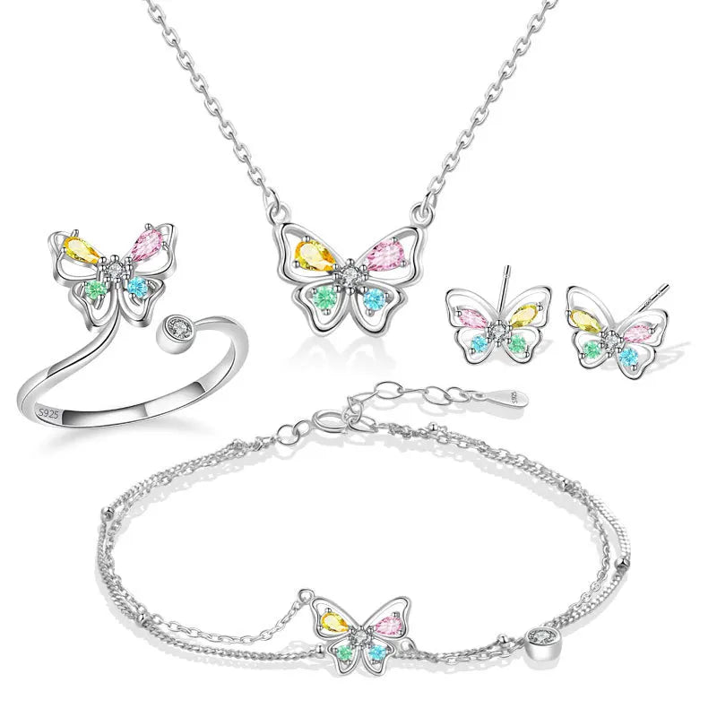 Daidan Fine Elegant Ladies Four Piece 925 Silver Colorful Zircon Butterfly Jewelry Set