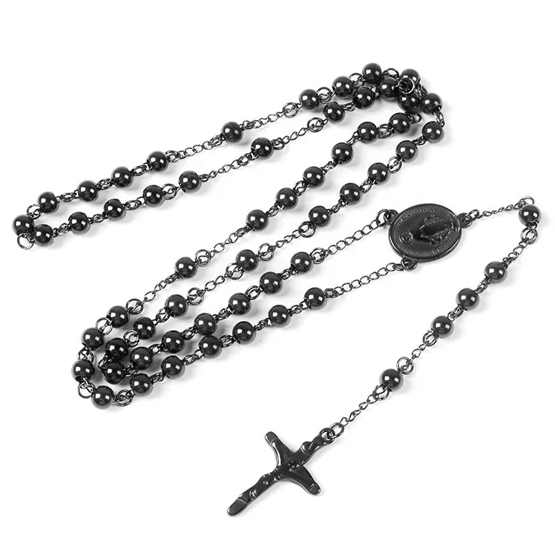GP 6mm Antique Steel Beads Catholic Rosary Shiny Religious Chain Necklace Jewelry Black Plated PVD Jesus Cross Pendant Wholesale