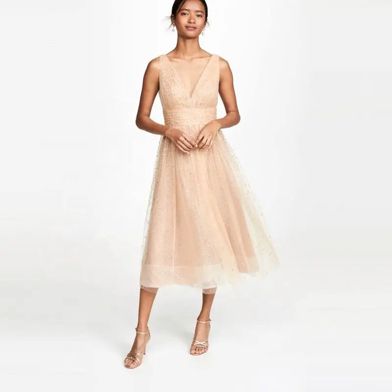 Elegant Casual Luxury Pink A-Line Knee-Length Dress Natural Waist Plus Size Deep V-Neck Solid Mesh Summer Breathable Quick Dry