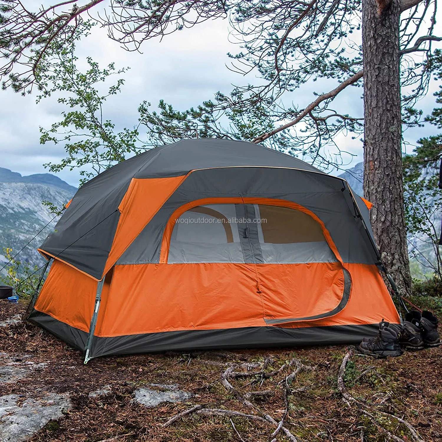 For Woqi 6-Person Outdoor Hiking Camping Tent Waterproof and Windproof Double Layer Nylon Tent with Two Bedrooms for Families