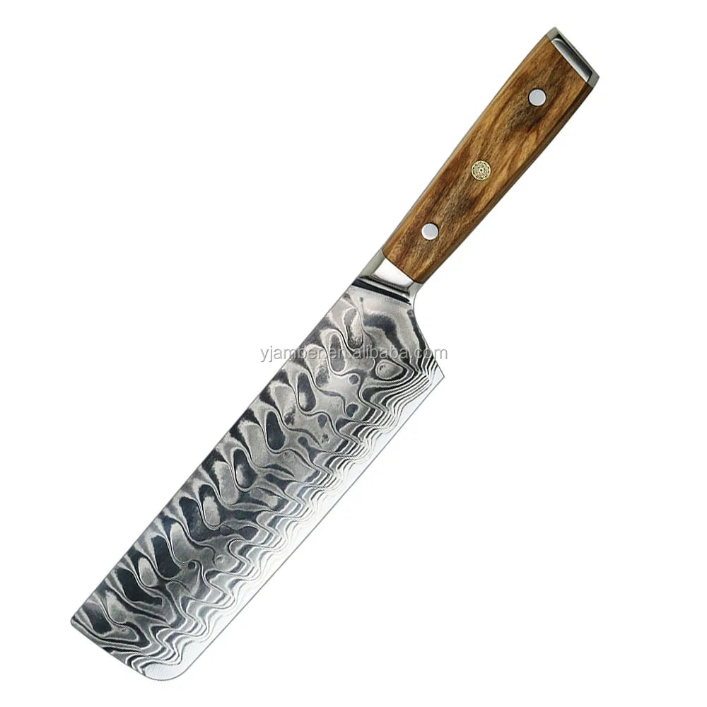AMBER Japanese Damascus Steel VG10 Epoxy & Olive Wood Handles Nakiri Kitchen Knife 60-62 HRC Eco-Friendly